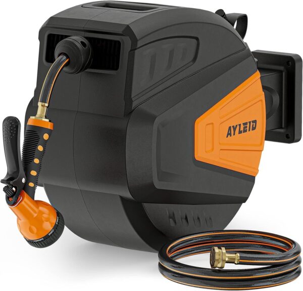 4133c2e8b8974498b643112fcc1ff3a3 Ayleid Retractable Garden Hose Reel,1/2 in x 100 ft Wall Mounted Hose Reel, with 9- Function Sprayer Nozzle, Any Length Lock/Slow Return System/Wall Mounted/180°Swivel Bracket (Grey)