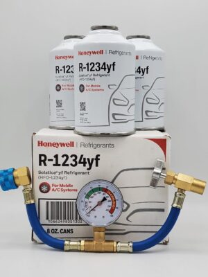 Genuine 8oz R1234YF Refrigerant (3 Freon Cans) & HD Brass Can Tap with Gauge-Honey Well