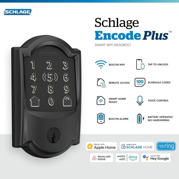 Encode Plus Smart Wi-Fi Lock for Front Door, Keyless Entry Deadbolt, Unlock with Apple Watch, Built-in WiFi and App Control, Easy Install, Alexa & Apple HomeKit Compatible, Matte Black