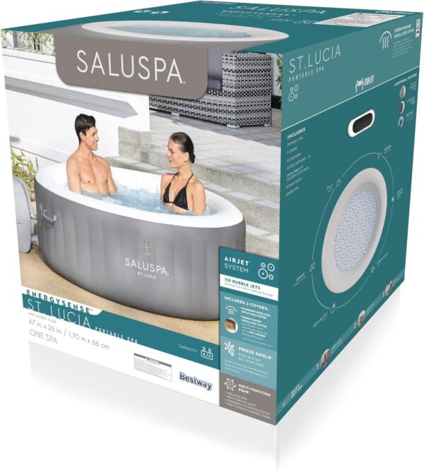 Bestway SaluSpa Miami EnergySense AirJet Inflatable Hot Tub Spa (71′′ x 26′′) | Portable Hot Tub with 2 Covers (1 Energy-Efficient Thermal Cover and 1 Standard Cover) | Fits Up to 2-4 Persons | Black