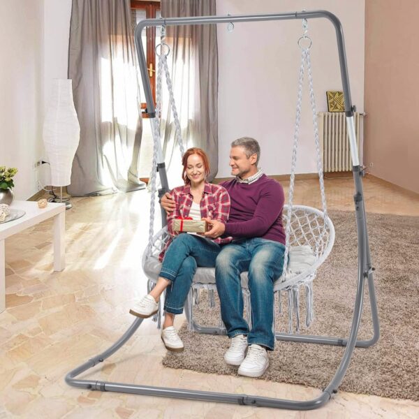 42a5b77c500b4e59a74b0ebdf6434984 Hammock Chair Macrame Hanging Swing with Cushion,Hanging Cotton Ropes, Metal Frame, 450 lbs Capacity Indoor Outdoor, Patio, Balcony, Living,Deck, Yard, Garden(Double Swing) Beige