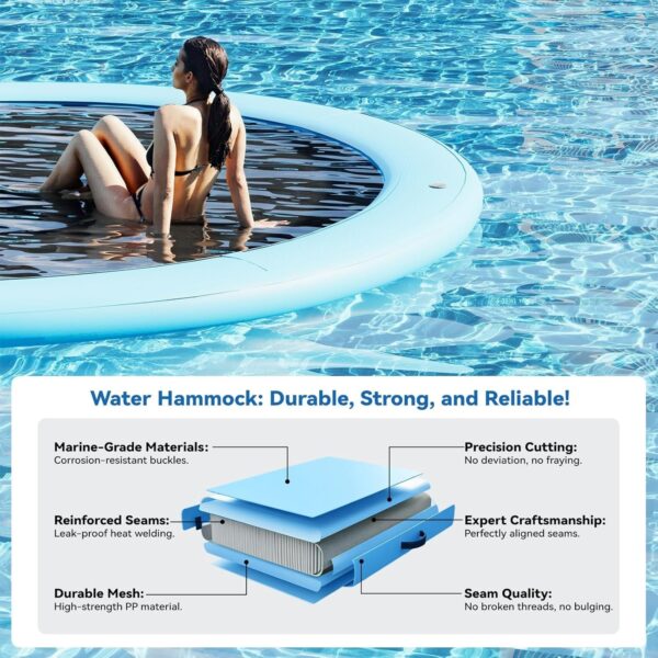 42b87f09a31143428d2a7cb8b04ff2f5 Round Inflatable Floating Dock, Sunchill Float Ring, Hammock Tanning Pool with 4in Woven Fabric, Manual Pump for 1-2 Min Quick Inflate/Deflate, Fits 2-8, Ideal for Lakes, Pools, Oceans