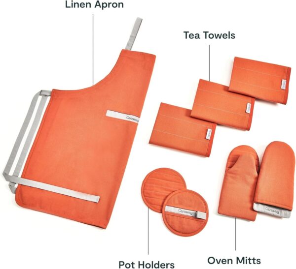 Linen Set – Apron, Pot Holders, Oven Mitts, & Tea Towels – 100% Organic Cotton – Durable, Machine Washable