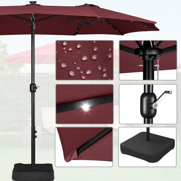 433d25fb2322476eb5d3ef378554a0e6 15 ft Large Patio Umbrella with Solar Lights Double-Sided Outdoor Rectangle Market Umbrellas with 36 LED Lights/Base Included/Easy Crank for Patio Garden Yard Pool Lawn, Brown