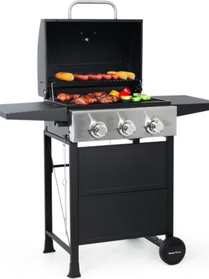 MASTER COOK 3 Burner BBQ Propane Gas Grill, Stainless Steel 30,000 BTU Patio Garden Barbecue Grill with Two Foldable Shelves