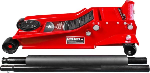 43d734ecefe6420ba23a586383f4bf05 3 Ton Low Profile, Aluminum and Steel Racing Floor Jack with Dual Pistons Quick Lift Pump for Sport Utility Vehicle, Lifting Range 3-15/16′′ min to 18-5/16′′ max, Red