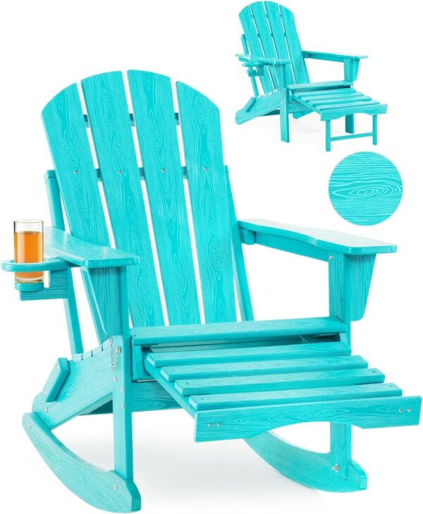 43ee545b047849dc968bcaba74eeef04 Folding Adirondack Rocking Chair,4-in-1 Multifunctional Patio Chair with Retractable Ottoman, Outdoor Chair Wood Texture, Lawn Chair for Porch, Backyard, Pool(Grey)
