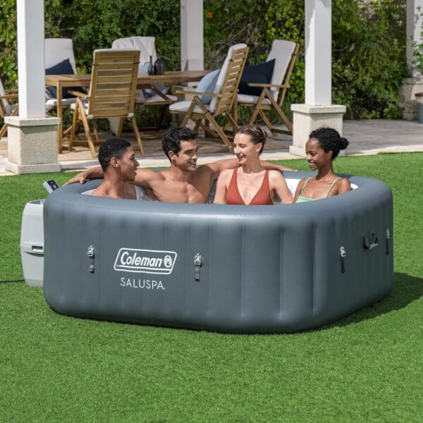 43f4b5447aae4f90862a4e576e57ca18 4 to 6 Person Inflatable Hot Tub Square Portable Outdoor Spa with 114 Soothing AirJets and Insulated Cover, Gray-Coleman