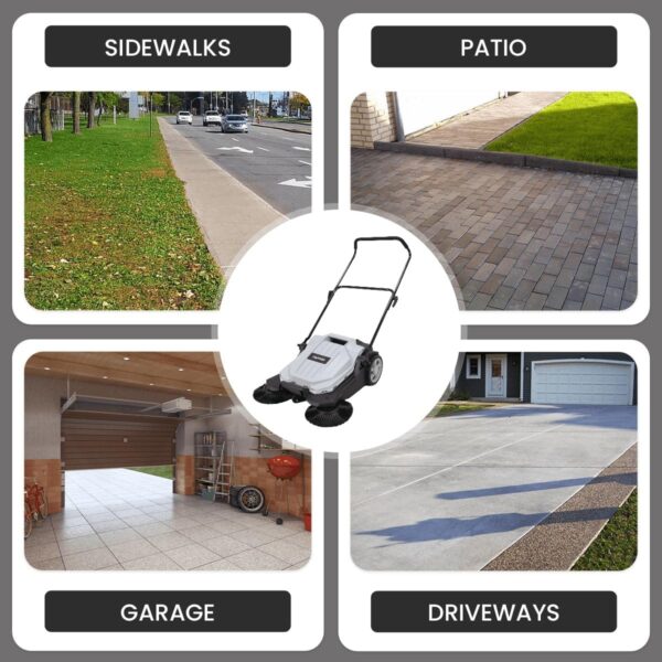 4417337a23a1409a8fcfe615622969c0 Walk-Behind Outdoor Hand Push Floor Sweeper – 5.25 Gallon Capacity – 25.5′′ Sweeping Width – Sweeps up to 27,900 ft2 / Hour, Grey