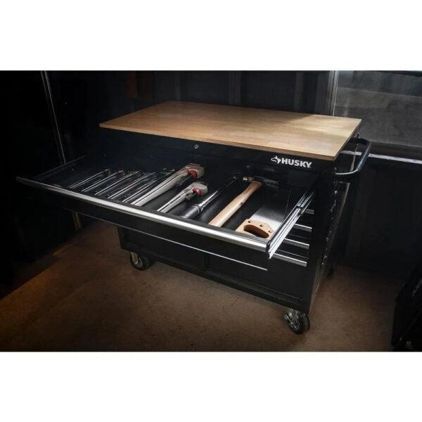 45905f6e5b7c43b3a0aba20030f2c45f 46 in. W x 24.5 in. D 9-Drawer Gloss Black Deep Tool Chest Mobile Workbench with Hardwood Top and Power Station