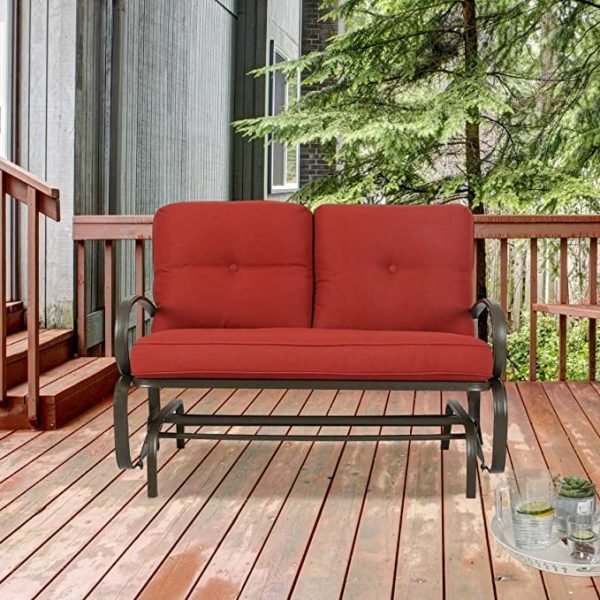 Patio Swing Glider Bench Outdoor Cushioed 2 Person Rocking Chair Garden Loveseat, Brick Red
