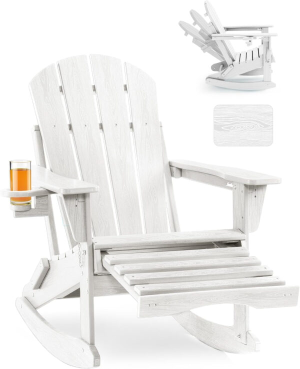 4611130601cb457885490d2f881cf125 Folding Adirondack Rocking Chair,4-in-1 Multifunctional Patio Chair with Retractable Ottoman, Outdoor Chair Wood Texture, Lawn Chair for Porch, Backyard, Pool(Grey)