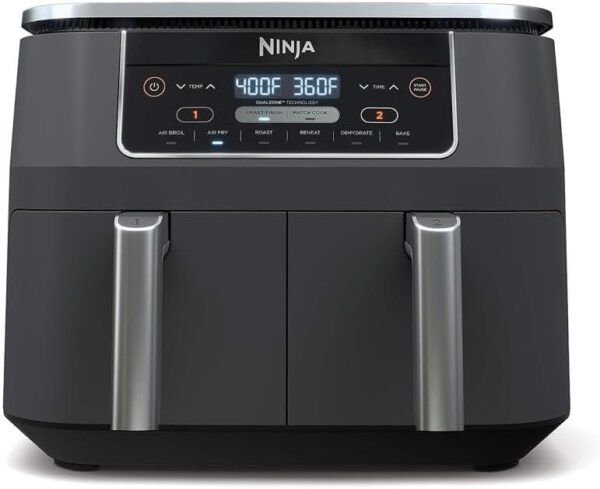 46abe610892e47c3a7cd11c298293e4d DZ401 Foodi 10 Quart 6-in-1 DualZone XL 2-Basket Air Fryer with 2 Independent Frying Baskets, Match Cook & Smart Finish to Roast, Broil, Dehydrate for Quick, Easy Family-Sized Meals, Grey