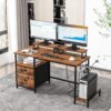 Furologee Computer Desk with Drawer and Power Outlets, 47′′ Office Desk with 2 Monitor Stands and Fabric File Cabinet, Writing Gaming Table with Shelves and 2 Hooks for Home Office, Rustic Brown