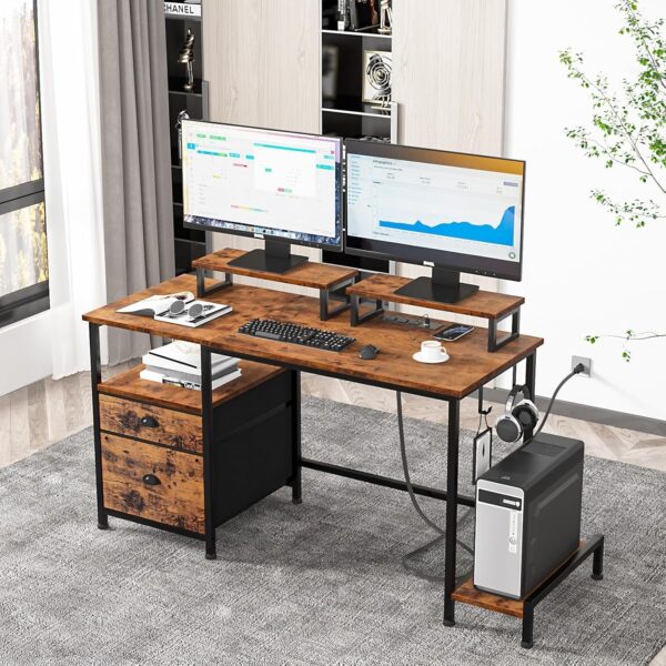 46e55d3129ac4905a469972d1745945d Furologee Computer Desk with Drawer and Power Outlets, 47′′ Office Desk with 2 Monitor Stands and Fabric File Cabinet, Writing Gaming Table with Shelves and 2 Hooks for Home Office, Rustic Brown