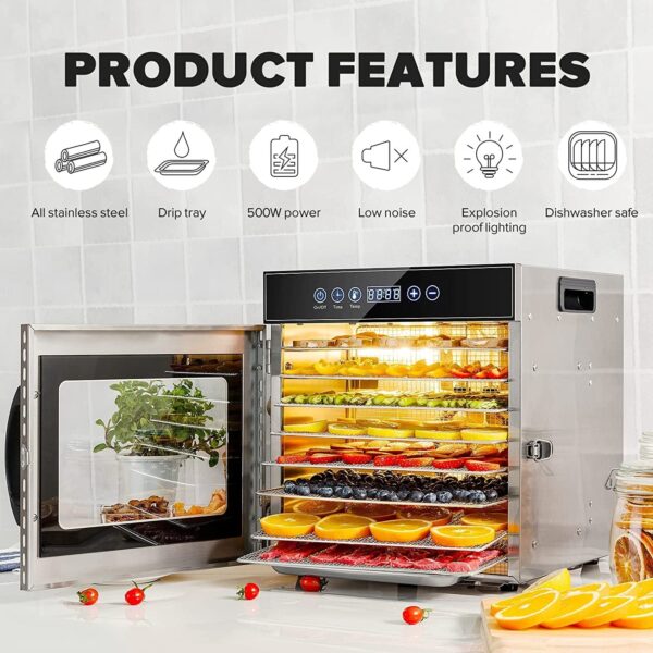 473cfe07e36d423f8f4062d3b1c08a1f Tray Food Dehydrator, Steel Fruit Dry Machine with 30 90∼C Adjustable Thermostat, 24hr Digital Timer