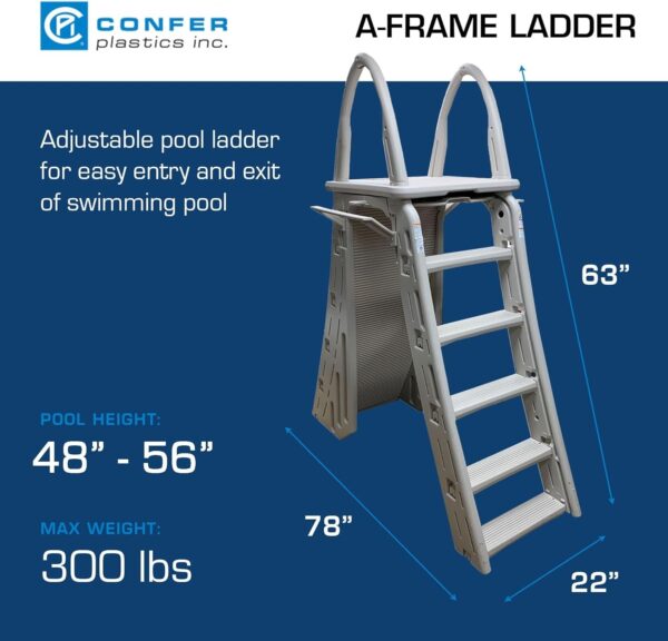 Confer Plastics 7200 Roll Guard 48′′ to 56′′ Adjustable A Frame Safety Ladder for Above Ground Outdoor Patio Swimming Pool Platform Ladder with Step Barrier, Warm Grey...