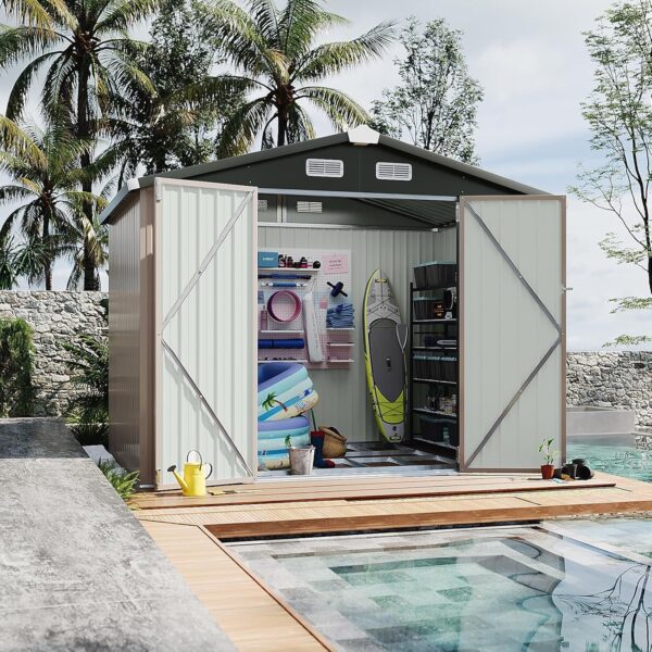 47b66a5e974c4c91ac113669b1c29e40 Aoxun 6.2×4 FT Shed Outdoor Storage Shed Metal Garden Shed with Lockable Doors & Slooping Roof Tool Shed Bike Shed for Backyard, Patio, Poolside (Brown)