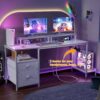 Furologee Computer Desk with Drawer and Power Outlets, 47′′ Office Desk with 2 Monitor Stands and Fabric File Cabinet, Writing Gaming Table with Shelves and 2 Hooks for Home Office, Rustic Brown