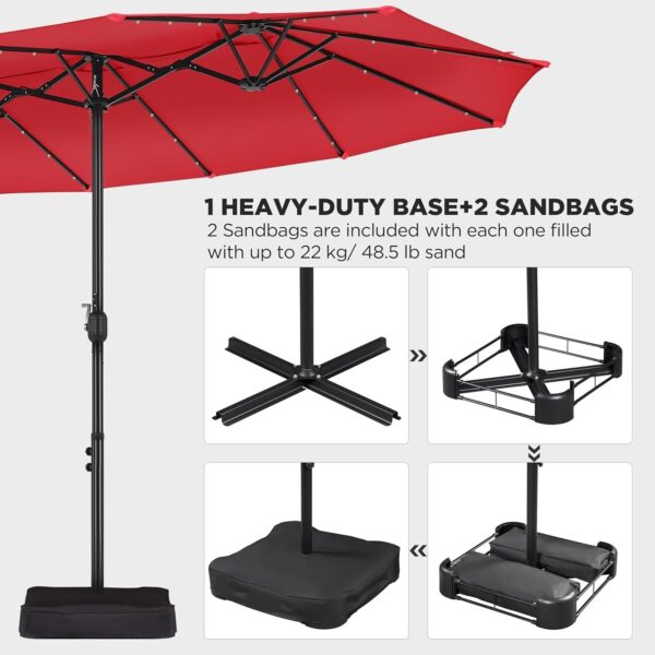 48ba46114d2b4385bd17df44ef96c317 15 ft Large Patio Umbrella with Solar Lights Double-Sided Outdoor Rectangle Market Umbrellas with 36 LED Lights/Base Included/Easy Crank for Patio Garden Yard Pool Lawn, Brown