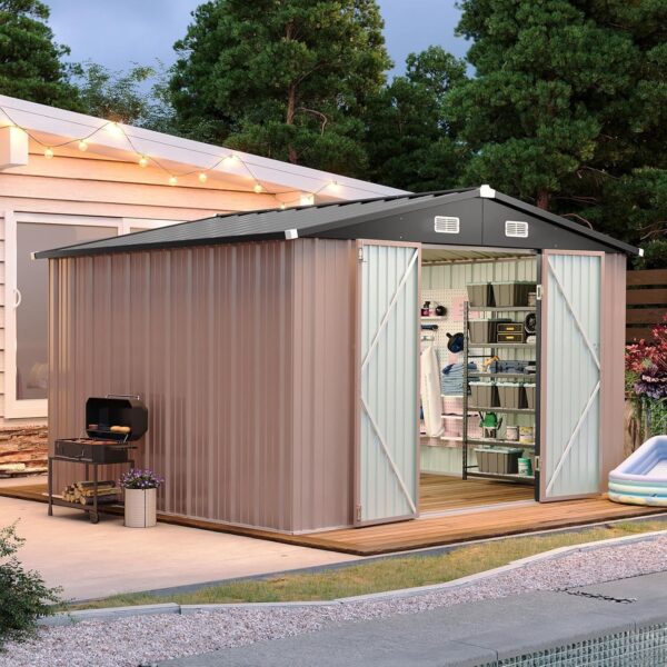 498aff1b3d814589b4fade752dd30572 Aoxun 6.2×4 FT Shed Outdoor Storage Shed Metal Garden Shed with Lockable Doors & Slooping Roof Tool Shed Bike Shed for Backyard, Patio, Poolside (Brown)