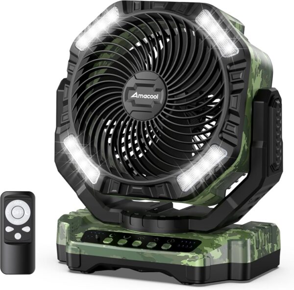 4a5cc172514a47d7926379c20fc3cb6d 40000mAh Rechargeable Camping Fan, Battery Operated Fan with Light & Remote, 12′′ Portable Outdoor Fan, Auto Oscillating Battery Powered Floor Fan for Tent RV Car Travel Jobsite Hurricane Power Outages