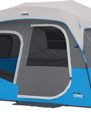 CORE Instant Cabin Tents with LED Lights | 6 Person / 9 Person / 12 Person Family Multi Room Lighted Pop Up Tents for Camping | Included Storage Pockets for Camping Accessories