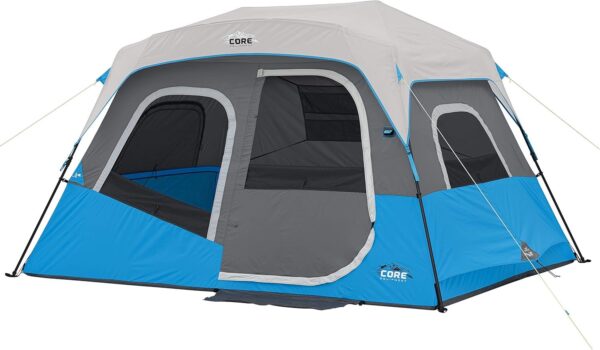 CORE Instant Cabin Tents with LED Lights | 6 Person / 9 Person / 12 Person Family Multi Room Lighted Pop Up Tents for Camping | Included Storage Pockets for Camping Accessories