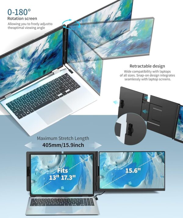 Laptop Screen Extender – 15.6′′ FHD 1080P Portable Monitor for Laptop, Detachable & Plug and Play Dual Laptop Monitor Extender for 13′′-17.3′′ Laptops, Compatible with Wins/Mac/Android/Chrome