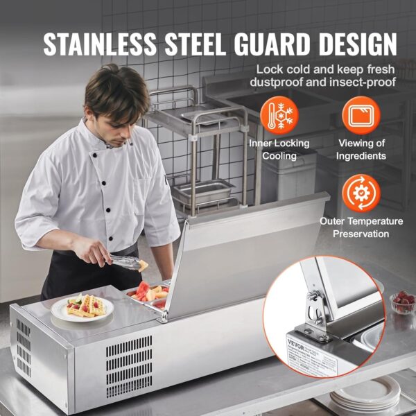 4abcffd2d6c9439a9be79348691ab0d4 Refrigerated Condiment Prep Station, 135 W Countertop Refrigerated Condiment Station, with 2 1/3 Pans & 4 1/6 Pans, 304 Stainless Body and PC Lid, Sandwich Prep Table with Stainless Guard, ETL