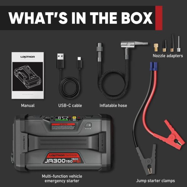 4bbcb77f88b64564adeee18eb96fce49 Starter with Air Compressor, 1500Amp 12V Portable Car Battery Booster Pack for Upto 7.0L Gas or 4.5L Diesel, 150 PSI Tire Inflator with Digital Screen, 24 Months Ultra-Long Standby