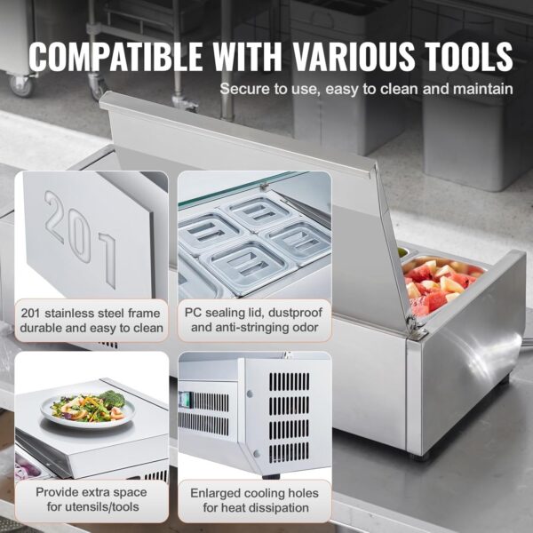4bc69eefab1a4ffb8ea272ab5e6a1e95 Refrigerated Condiment Prep Station, 135 W Countertop Refrigerated Condiment Station, with 2 1/3 Pans & 4 1/6 Pans, 304 Stainless Body and PC Lid, Sandwich Prep Table with Stainless Guard, ETL