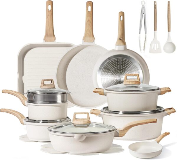 22pcs Pots and Pans Set Nonstick, Cookware Set White Granite Induction Kitchen Cooking Set w/Frying Pans & Saucepans& Grill Pan(PFOS, PFOA Free)