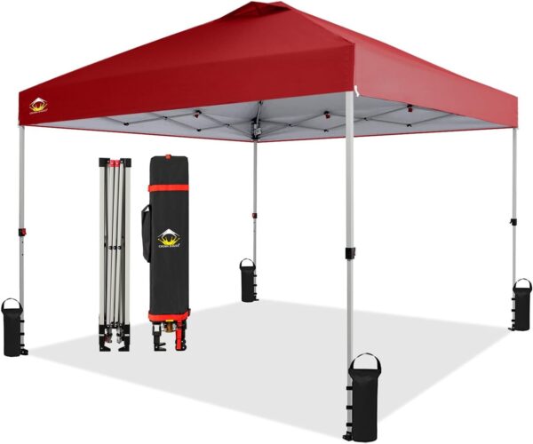 CROWN SHADES 10×10 Pop Up Canopy – Beach Tent with One Push Setup – Easy Outdoor Sun Shade for Events, Parties, Camping – Gazebo with STO-N-Go Cover Bag, Silver Coated Top, White