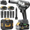 Cordless Impact Wrench, 1200Nm(900ft-lbs) High Torque 1/2” Impact Wrench, 21V Brushless Electric Impact Gun with 2Pcs 4.0Ah Batteries, 1 Hour Fast Charger, 5 Sockets, Power Impact Driver for Car Home