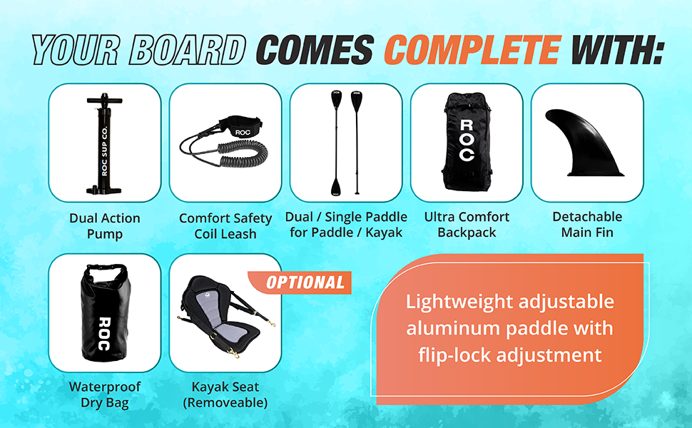 pump, safety leash, paddle, comfort backpack, detachable fin, waterproof dry bag, kayak seat
