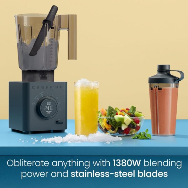 Chefman Obliterator 48 oz Countertop Blender for Smoothies, 1380W Motor to Crush Ice, Nuts, and Frozen Fruit with Stainless Steel Blade, Auto Blend Function, Includes 20 oz Travel Jar – Midnight