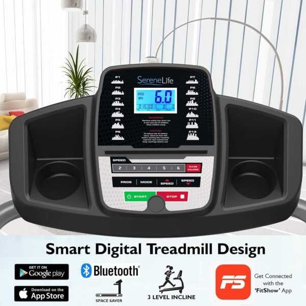 SereneLife Folding Treadmill – Foldable Home Fitness Equipment with LCD for Walking & Running – Cardio Exercise Machine – Preset and Adjustable Programs – Bluetooth Connectivity