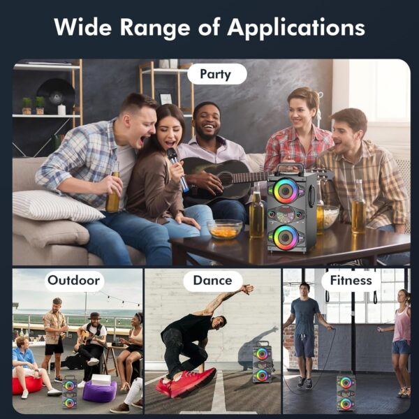 Speakers, 60W Portable Wireless Loud Outdoor Home Party Bluetooth Speaker with Subwoofer, FM Radio, LED Colorful Lights, Microphone, Remote and Big Powerful Stereo Deep Bass Sound Boombox