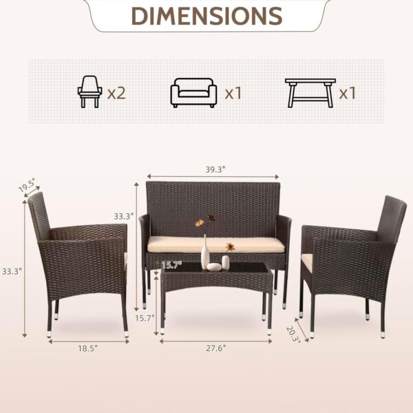 Patio Furniture Set 4 Pieces Outdoor Rattan Chair Wicker Sofa Garden Conversation Bistro Sets for Yard (Brown)