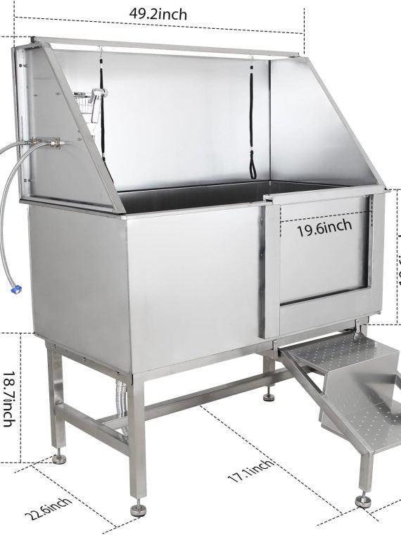 Professional Stainless Steel Dog Grooming Tub with Ramp, Faucet & Sprayer – 50” Pet Wash Station