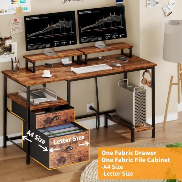 50222dc7d4e244f8a389767aa6e87d8f Furologee Computer Desk with Drawer and Power Outlets, 47′′ Office Desk with 2 Monitor Stands and Fabric File Cabinet, Writing Gaming Table with Shelves and 2 Hooks for Home Office, Rustic Brown