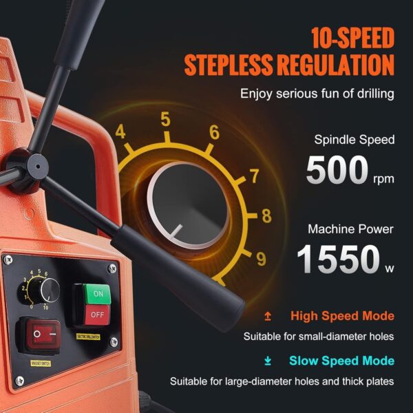 Mag Drill Press, 1550W 2′′ Boring Diameter, 2922lbf Power Magnetic Drill, 500 PRM, 10-Speed, Electric Drilling Machine for Metal Surface, Industrial and Home Improvement