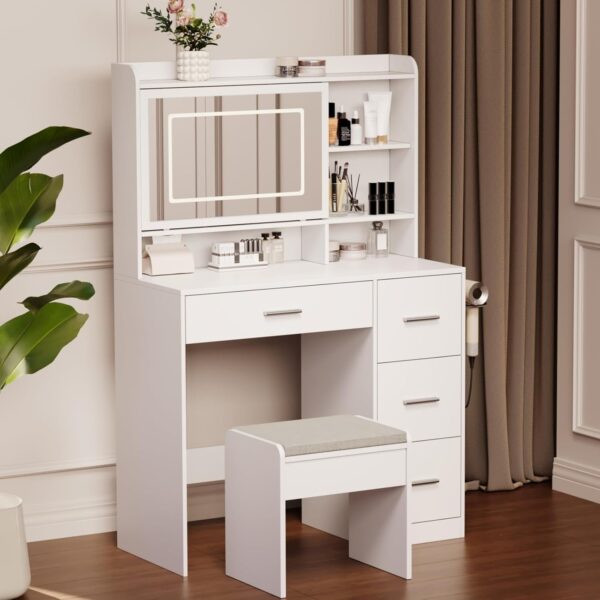 505f070b66ce4b22aacc45b395810b05 Vanity Desk with a Mirror and Lights,with Chair and Four Drawers, Three Adjustable Lighting Modes,with Power Outlet and Sliding LED Mirror,Bedroom Vanity Desk (White)