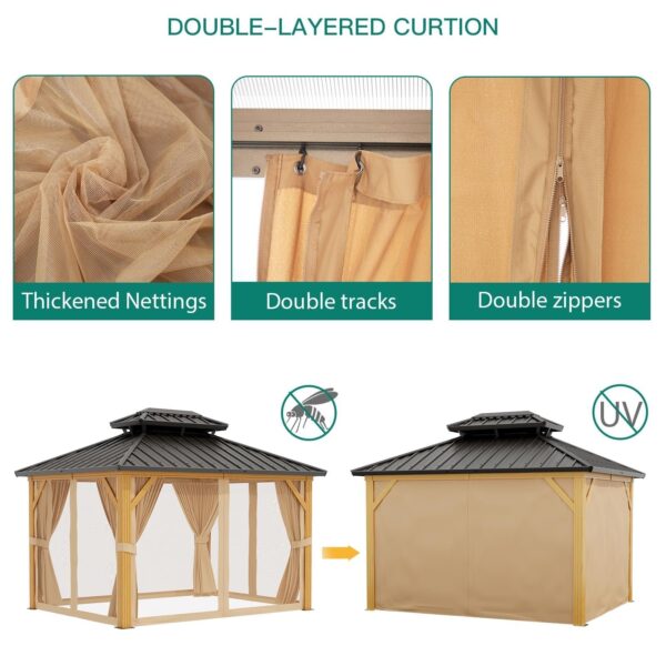 50abd6d71d04410f87b4db1678c72179 10X13 FT Outdoor Galvanised Steel Hardtop Gazebo, Heavy Duty Double Roof Outdoor Gazebo with Netting and Sunshade Curtains, Aluminium Framed Gazebo for Patio, Terrace, Lawn and Deck, Khaki