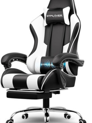 Gaming Chair, Computer Chair with Footrest and Lumbar Support, Height Adjustable Game Chair with 360°-Swivel Seat and Headrest and for Office or Gaming (Faux Leather, Black)