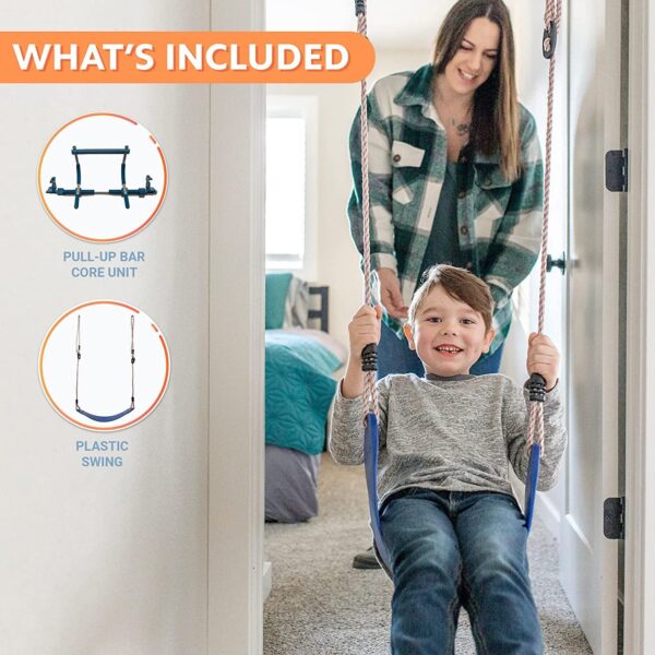 6 Piece Indoor Doorway Gym Set for Kids �� Indoor Swing for Kids Includes Kids Swing Chair, Rings, Hanging Trapeze, Ladder, Swinging Rope & Pullup Bar