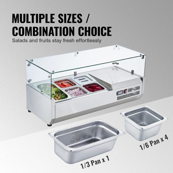 51325e8b8d594c21a806956f5b23815a Refrigerated Condiment Prep Station, 135 W Countertop Refrigerated Condiment Station, with 2 1/3 Pans & 4 1/6 Pans, 304 Stainless Body and PC Lid, Sandwich Prep Table with Stainless Guard, ETL