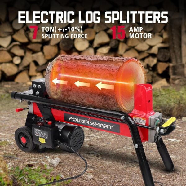PowerSmart Electric Log Splitter 7-Ton – Efficient Wood Splitter with 3500 Motor Speed, 15 Amp, Horizontal Full Beam Design and Steel Wedge for Firewood & Kindling Cutting