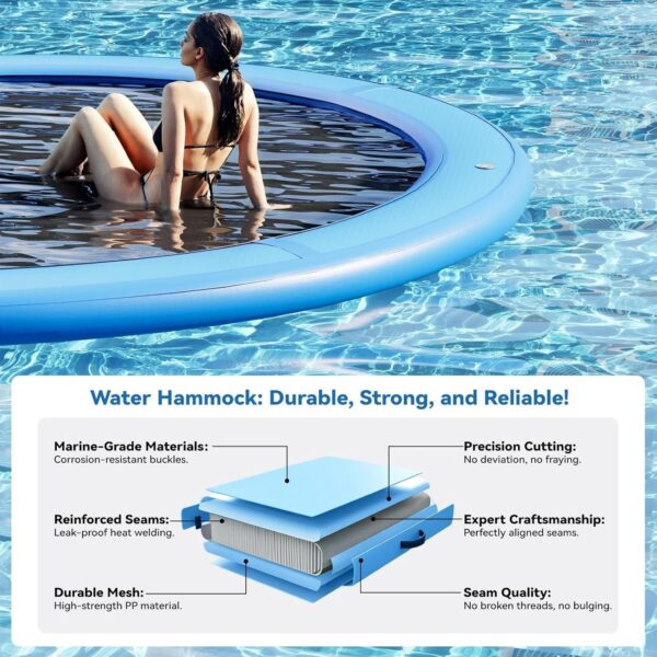 517471f3500c4b0cbb258d308f665c63 Round Inflatable Floating Dock, Sunchill Float Ring, Hammock Tanning Pool with 4in Woven Fabric, Manual Pump for 1-2 Min Quick Inflate/Deflate, Fits 2-8, Ideal for Lakes, Pools, Oceans